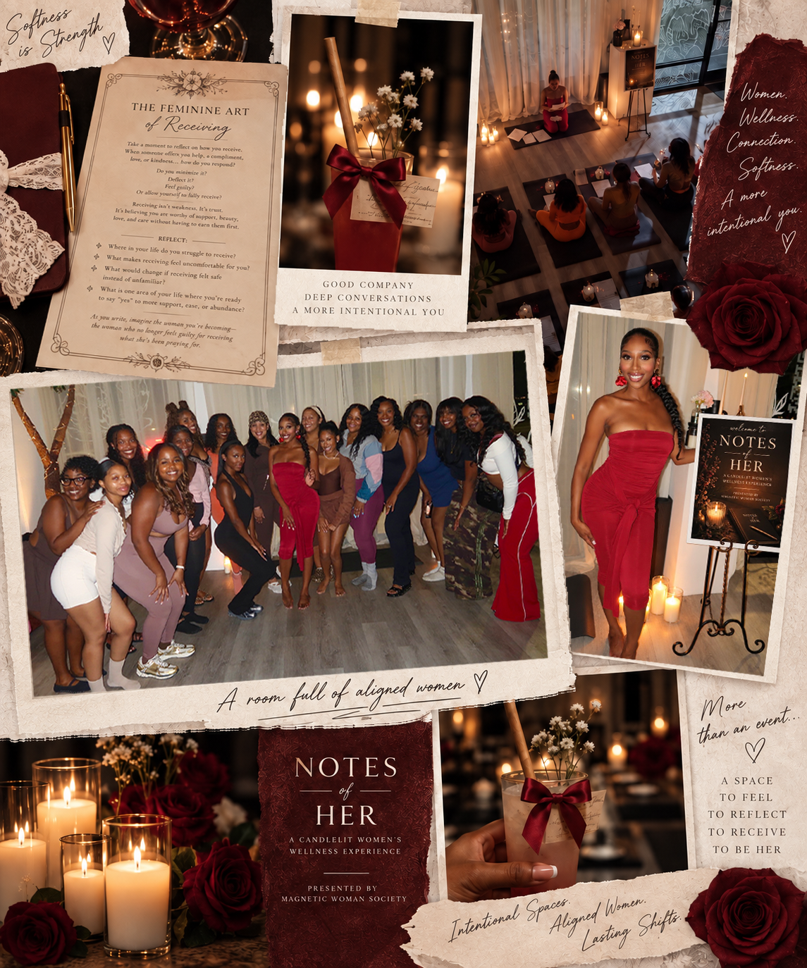 A scrapbook of the inaugural Notes of Her gathering, including founder Lexy Mosley, candlelight, roses, journaling, and women gathered in community